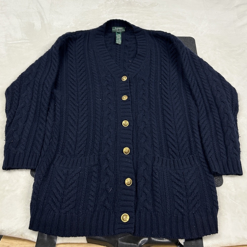Lauren Ralph Lauren Cardigan Womens PS Navy Merino Angora Cashmere Cable Knit